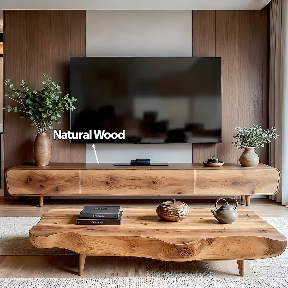 Solid Wood Wabi Sabi TV Stand – Natural Finish Media Console - Woodenecho