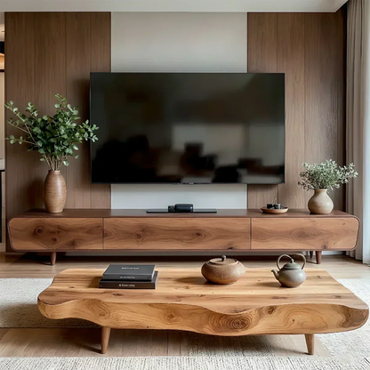 Solid Wood Wabi Sabi TV Stand – Natural Finish Media Console - Woodenecho