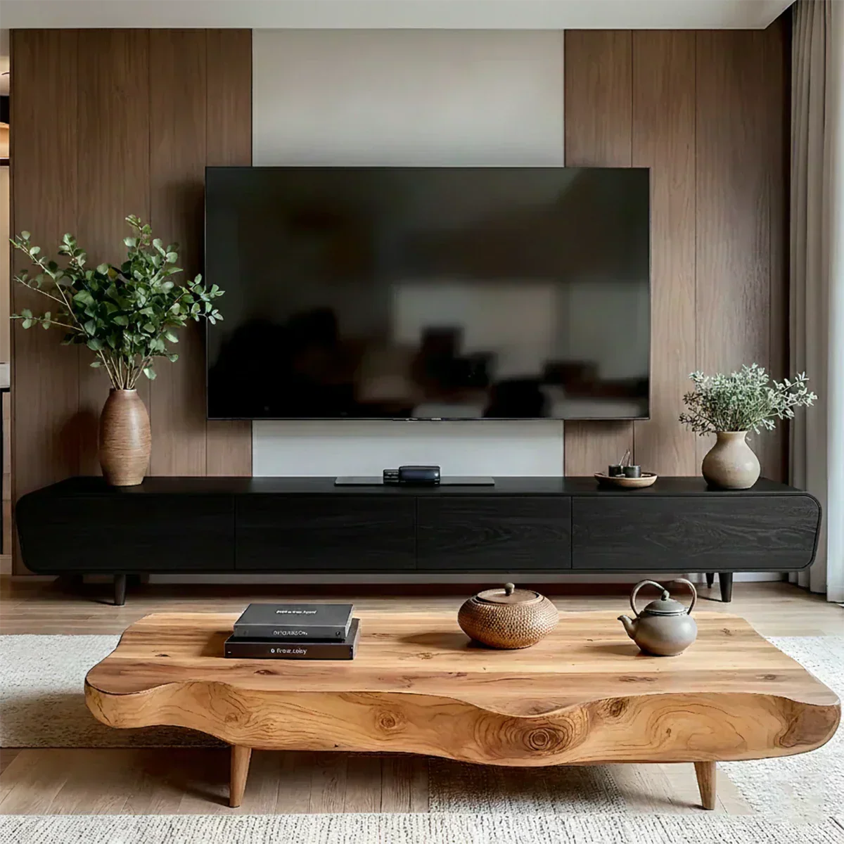 Solid Wood Wabi Sabi TV Stand – Natural Finish Media Console - Woodenecho