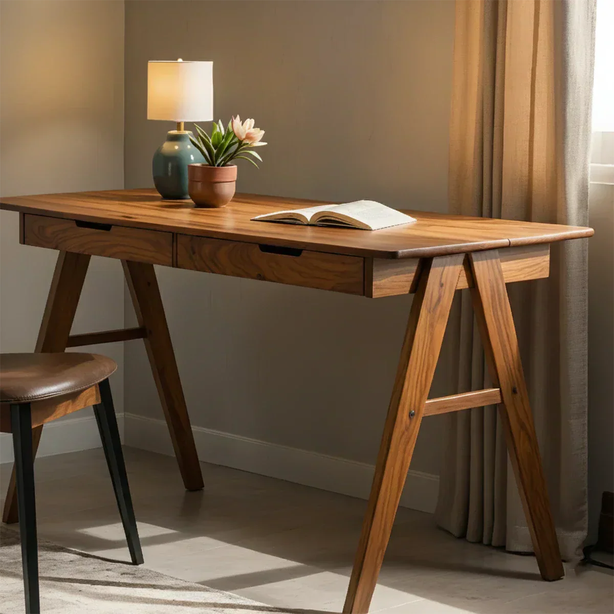 Solid Wood Writing Desk with A-Frame Legs & Dual Drawers - Rustirawood