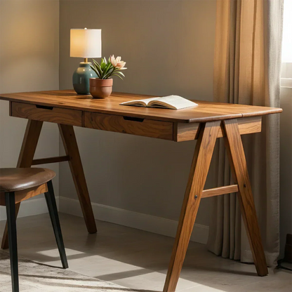 Solid Wood Writing Desk with A-Frame Legs & Dual Drawers - Rustirawood