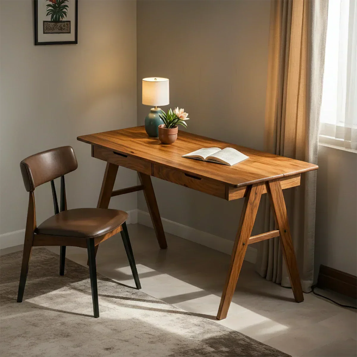 Solid Wood Writing Desk with A-Frame Legs & Dual Drawers - Rustirawood
