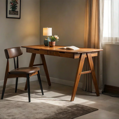 Solid Wood Writing Desk with A-Frame Legs & Dual Drawers - Woodenecho