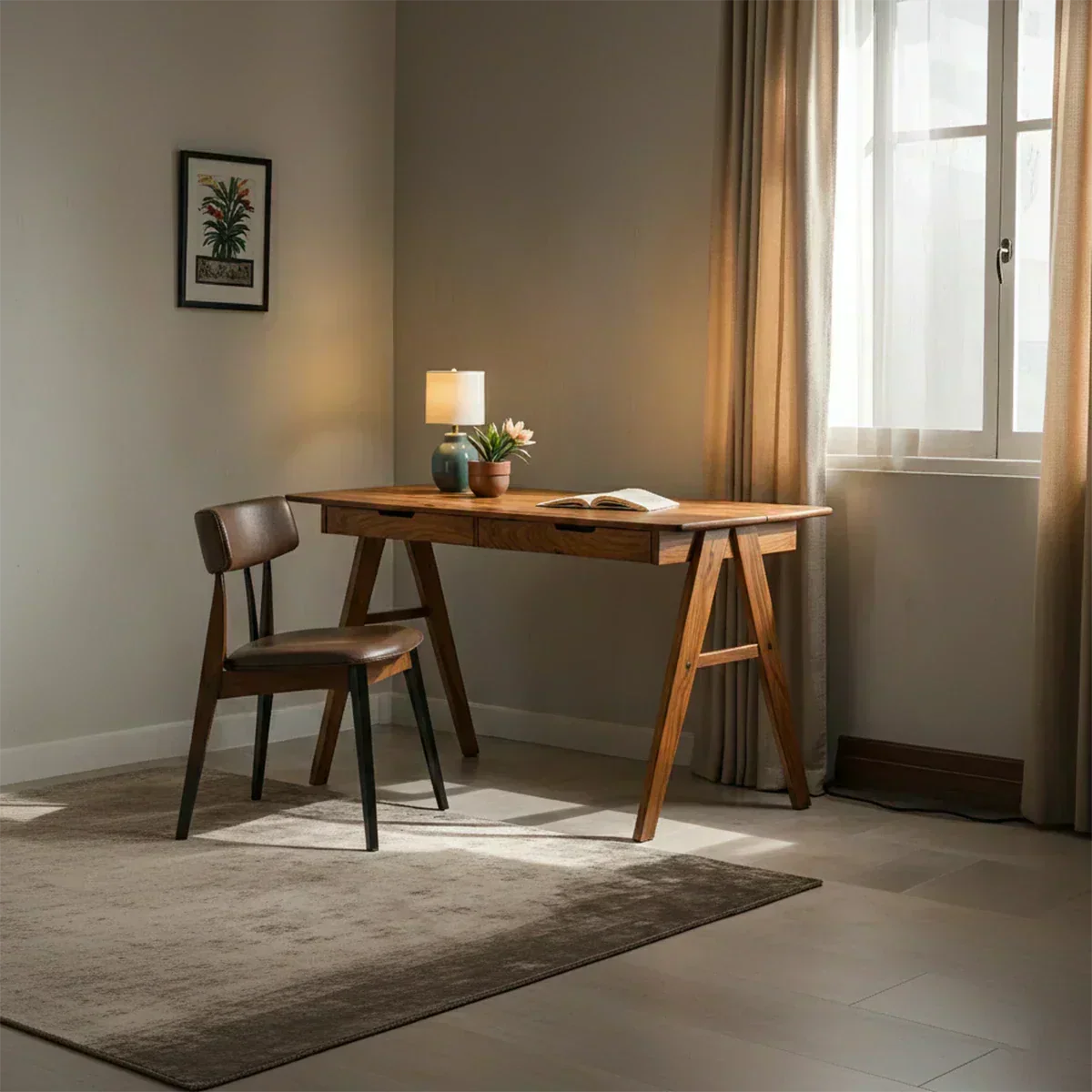 Solid Wood Writing Desk with A-Frame Legs & Dual Drawers - Woodenecho