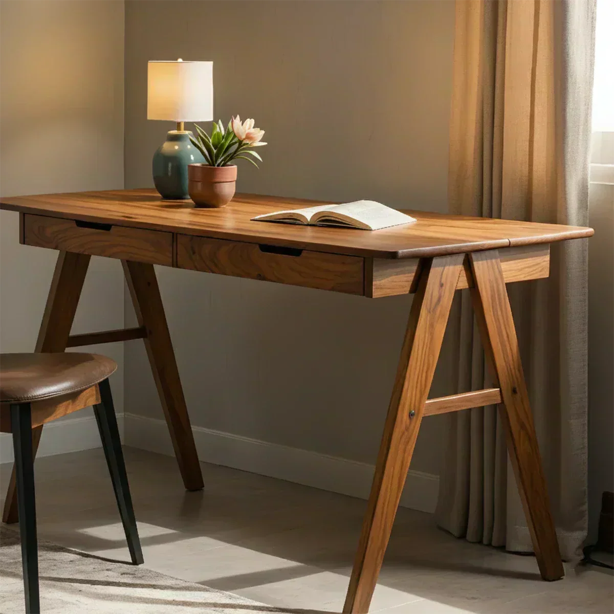 Solid Wood Writing Desk with A-Frame Legs & Dual Drawers - Woodenecho