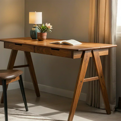 Solid Wood Writing Desk with A-Frame Legs & Dual Drawers - Woodenecho