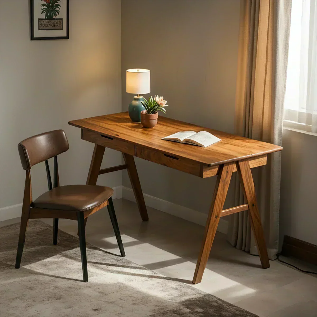 Solid Wood Writing Desk with A-Frame Legs & Dual Drawers - Woodenecho