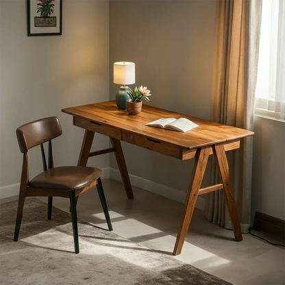 Solid Wood Writing Desk with A-Frame Legs & Dual Drawers - Woodenecho