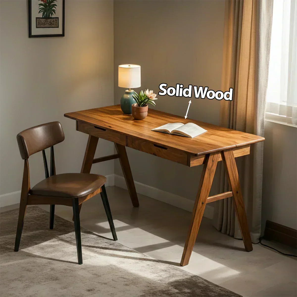 Solid Wood Writing Desk with A-Frame Legs & Dual Drawers - Woodenecho