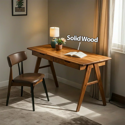 Solid Wood Writing Desk with A-Frame Legs & Dual Drawers - Woodenecho