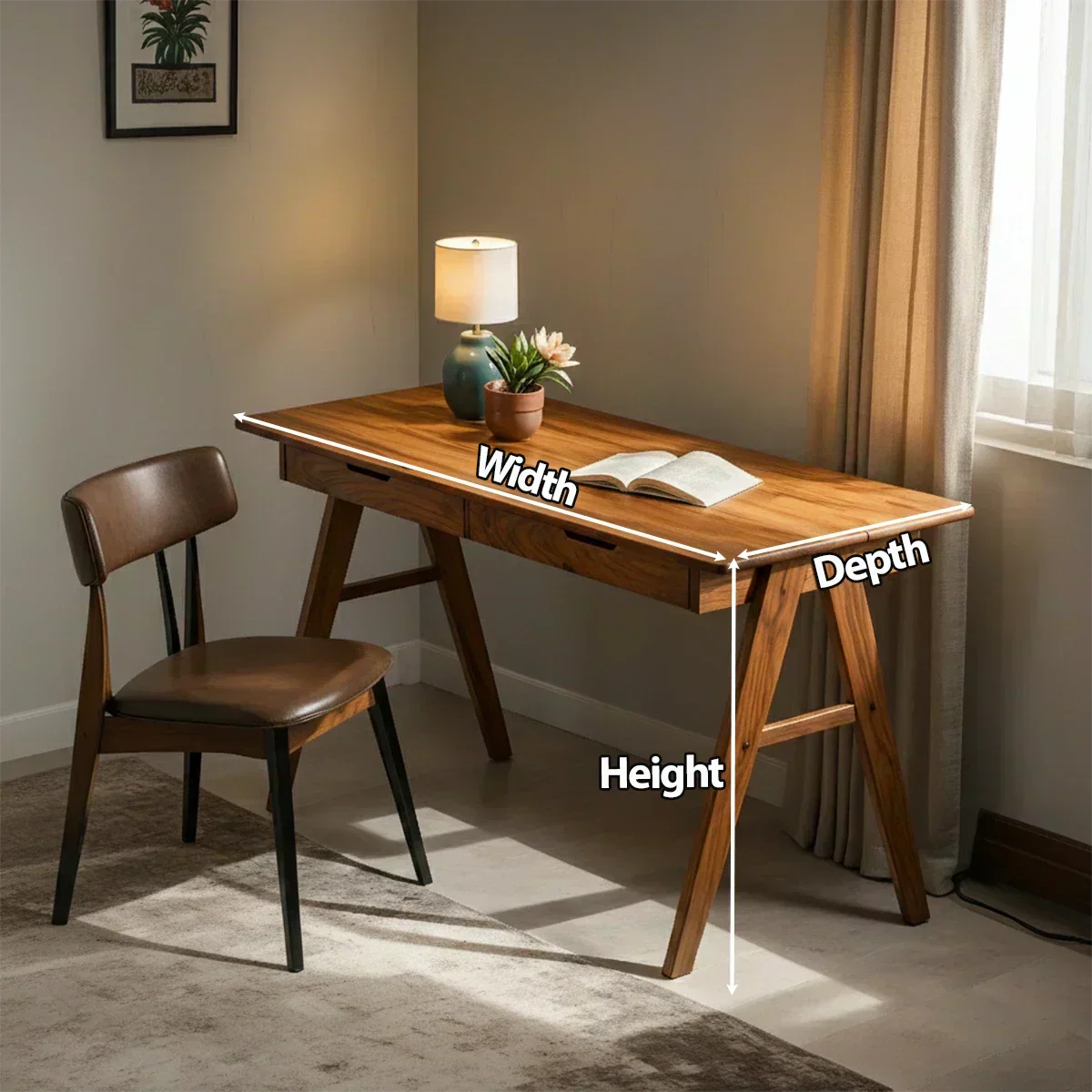 Solid Wood Writing Desk with A-Frame Legs & Dual Drawers - Woodenecho
