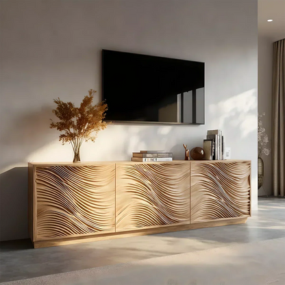 Sunlit Wave Carved Solid Wood TV Stand – Natural Breeze Edition - Elitegemse