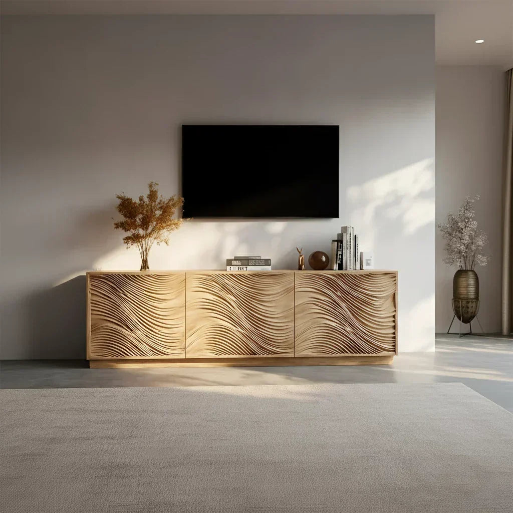Sunlit Wave Carved Solid Wood TV Stand – Natural Breeze Edition - Elitegemse