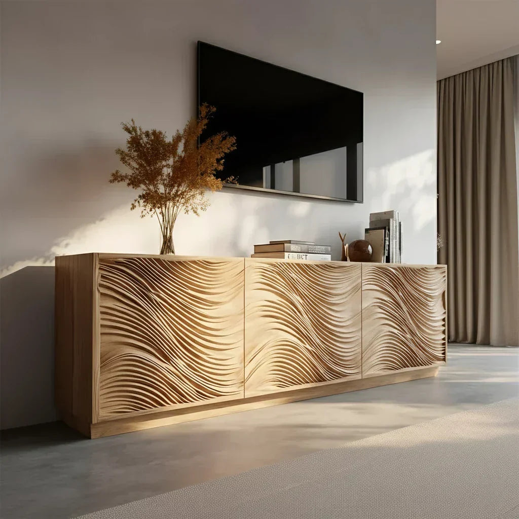 Sunlit Wave Carved Solid Wood TV Stand – Natural Breeze Edition - Elitegemse