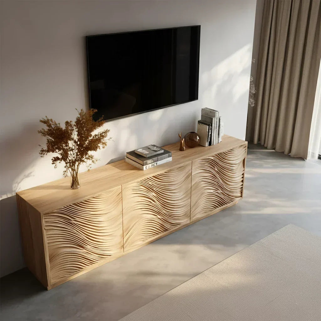 Sunlit Wave Carved Solid Wood TV Stand – Natural Breeze Edition - Elitegemse