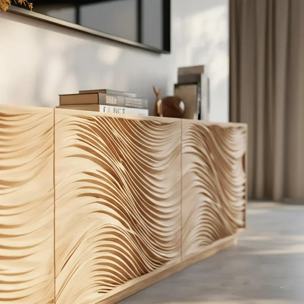 Sunlit Wave Carved Solid Wood TV Stand – Natural Breeze Edition - Elitegemse