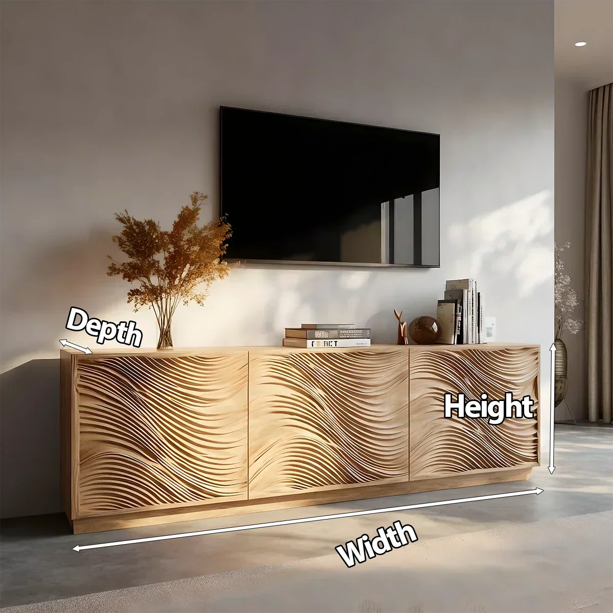 Sunlit Wave Carved Solid Wood TV Stand – Natural Breeze Edition - Elitegemse