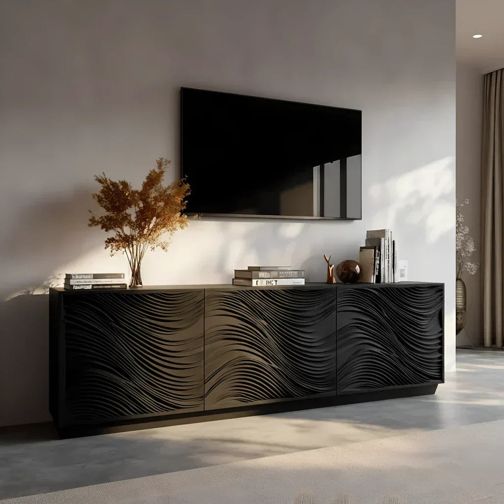 Sunlit Wave Carved Solid Wood TV Stand – Natural Breeze Edition - Elitegemse