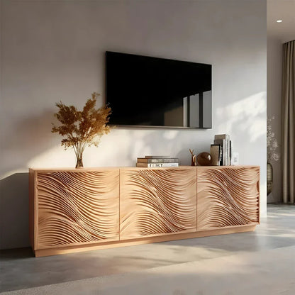 Sunlit Wave Carved Solid Wood TV Stand – Natural Breeze Edition - Elitegemse