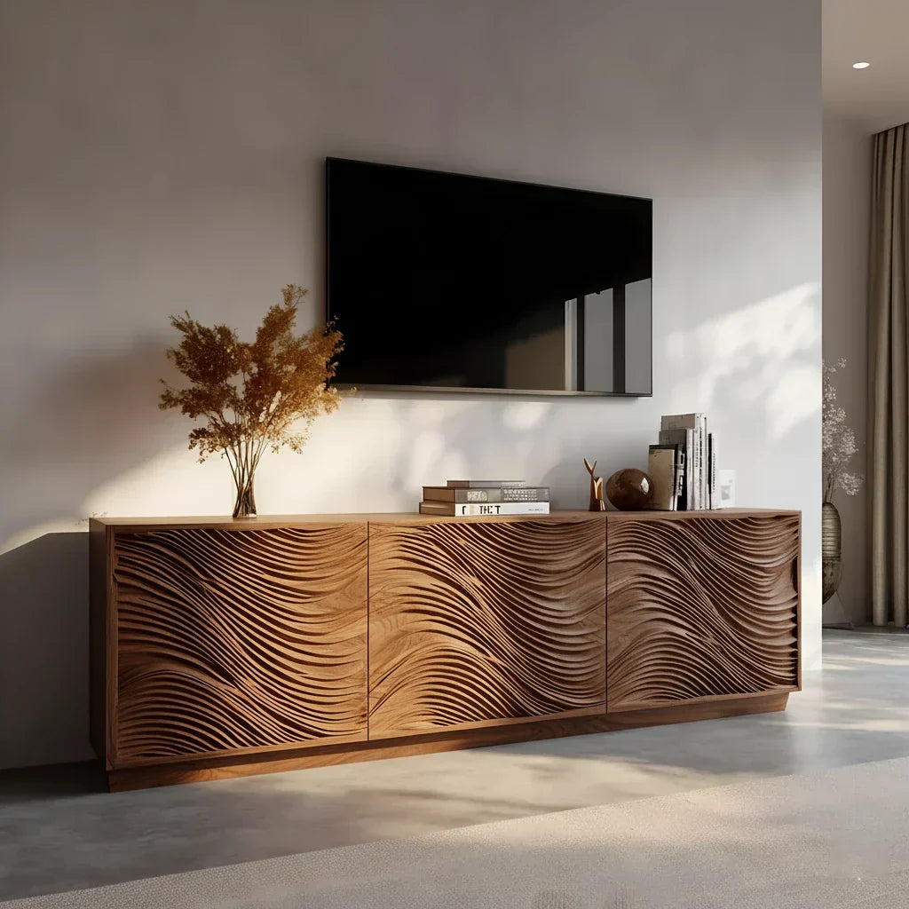 Sunlit Wave Carved Solid Wood TV Stand – Natural Breeze Edition - Elitegemse