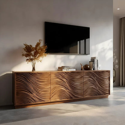 Sunlit Wave Carved Solid Wood TV Stand – Natural Breeze Edition - Elitegemse