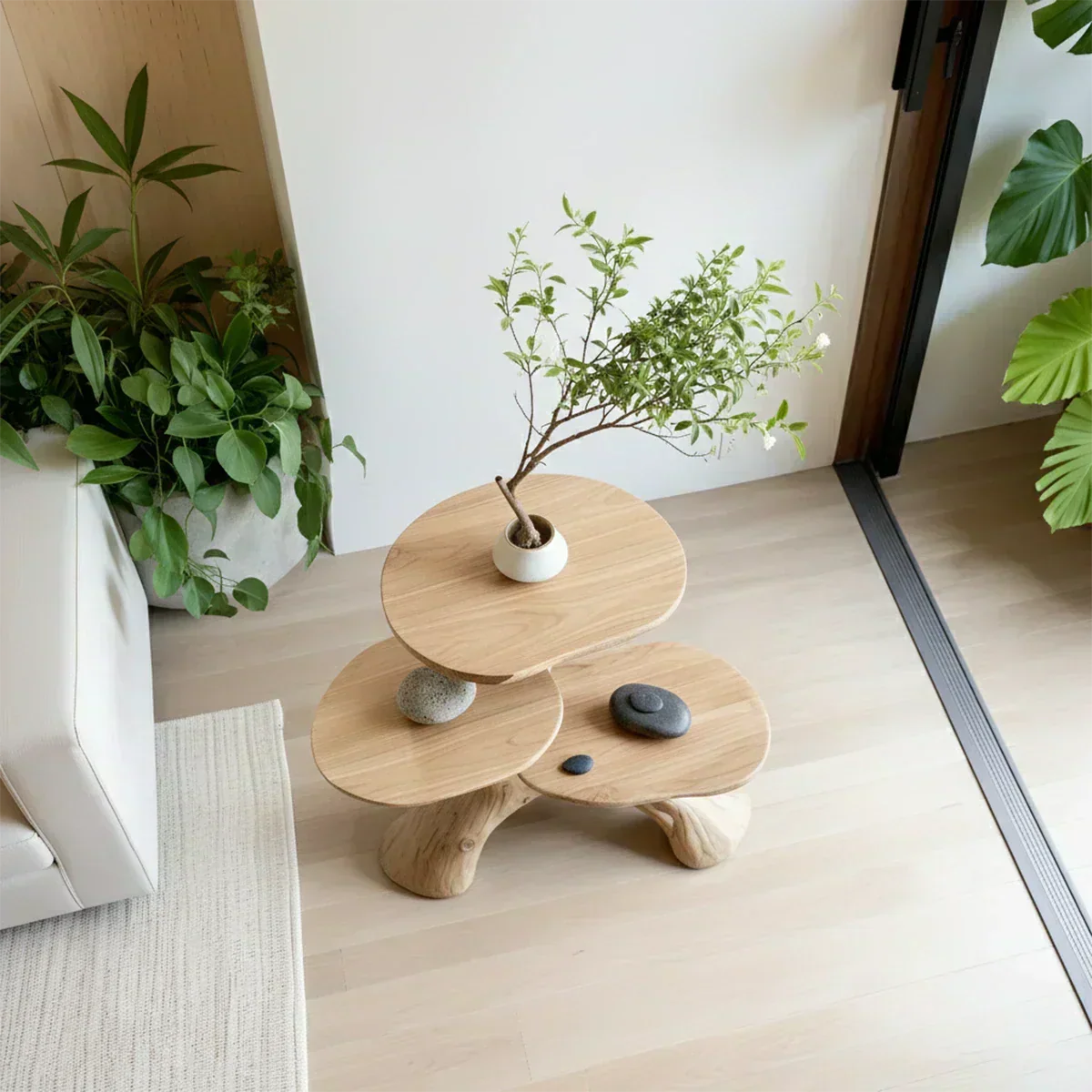 Three-Tier Organic Shape Natural Solid Wood Table - Woodenecho