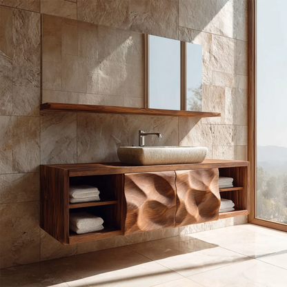 Traditional Natural Solid Wood Bathroom Vanity Cabinet with Hand Carved Doors - Elitegemse