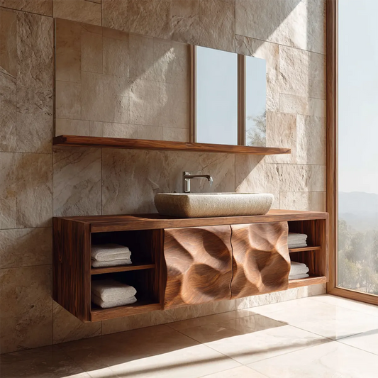 Traditional Natural Solid Wood Bathroom Vanity Cabinet with Hand Carved Doors - Elitegemse