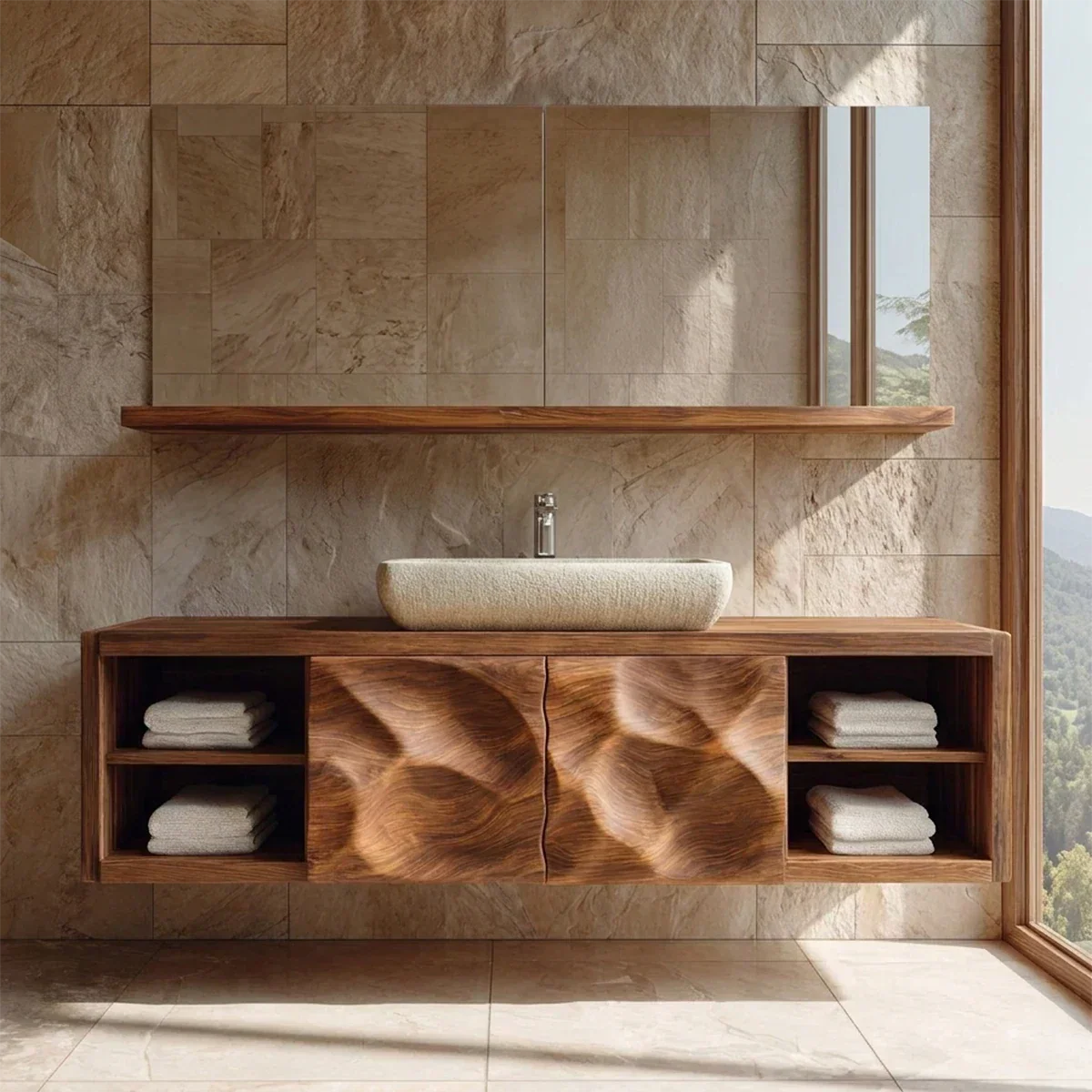 Traditional Natural Solid Wood Bathroom Vanity Cabinet with Hand Carved Doors - Elitegemse