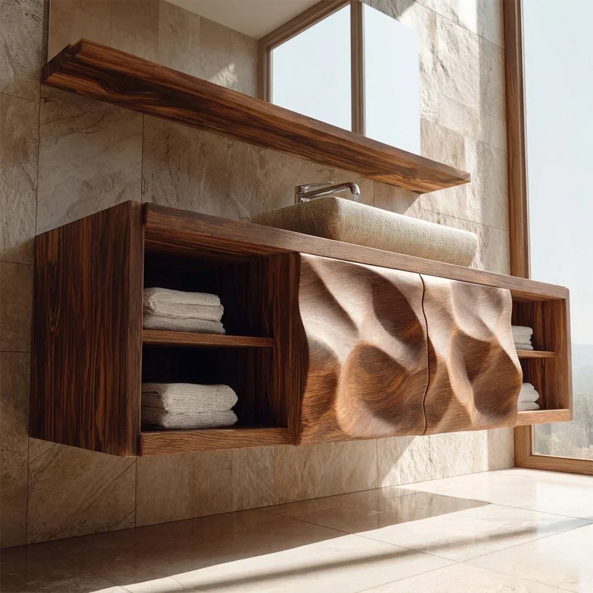 Traditional Natural Solid Wood Bathroom Vanity Cabinet with Hand Carved Doors - Elitegemse