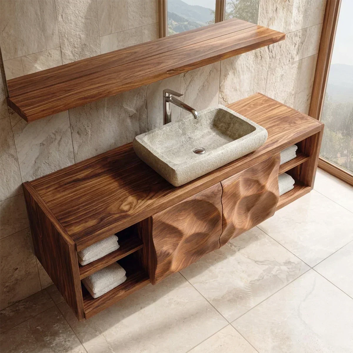 Traditional Natural Solid Wood Bathroom Vanity Cabinet with Hand Carved Doors - Elitegemse