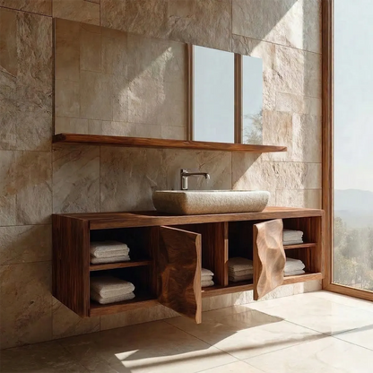 Traditional Natural Solid Wood Bathroom Vanity Cabinet with Hand Carved Doors - Elitegemse