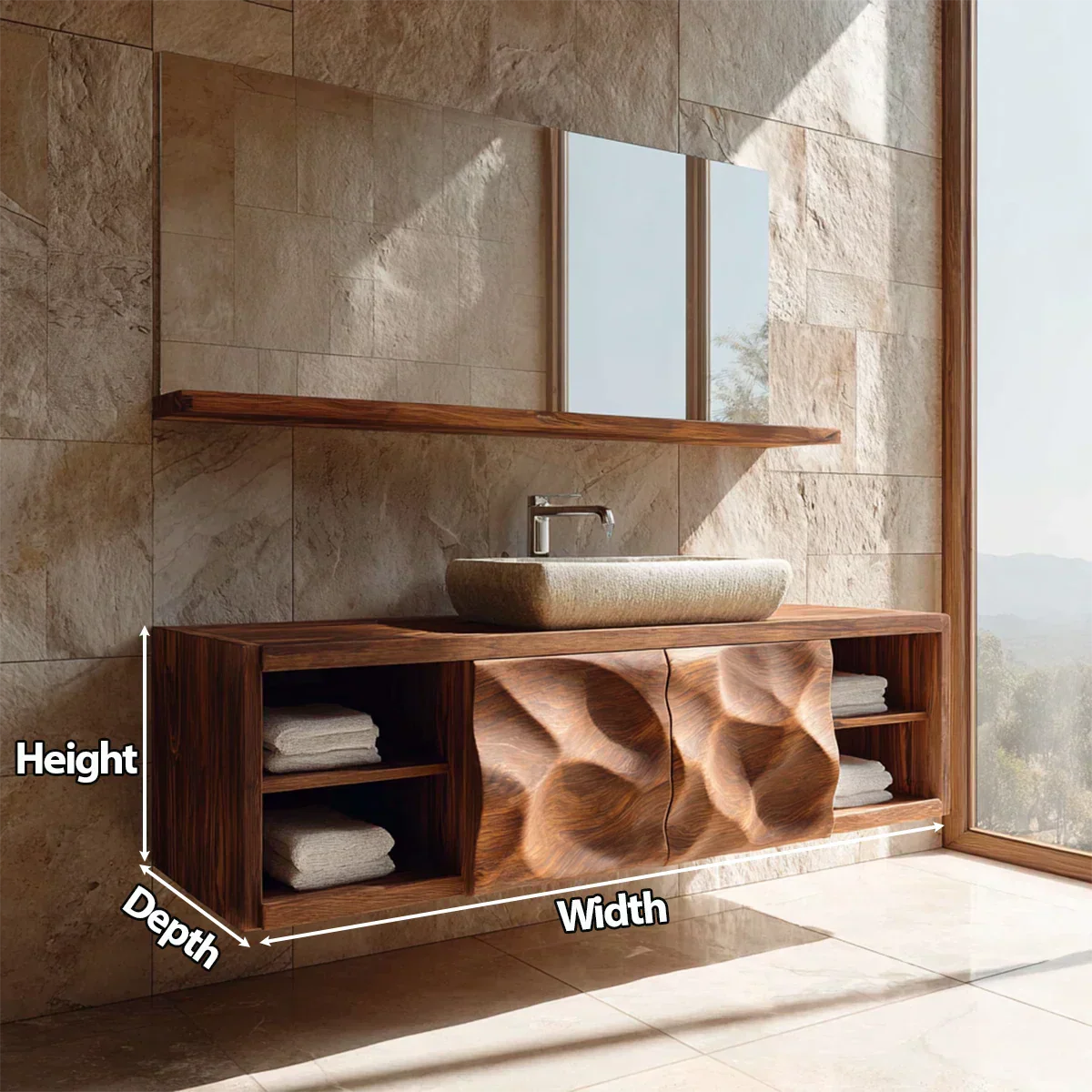 Traditional Natural Solid Wood Bathroom Vanity Cabinet with Hand Carved Doors - Elitegemse