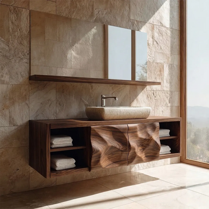 Traditional Natural Solid Wood Bathroom Vanity Cabinet with Hand Carved Doors - Elitegemse