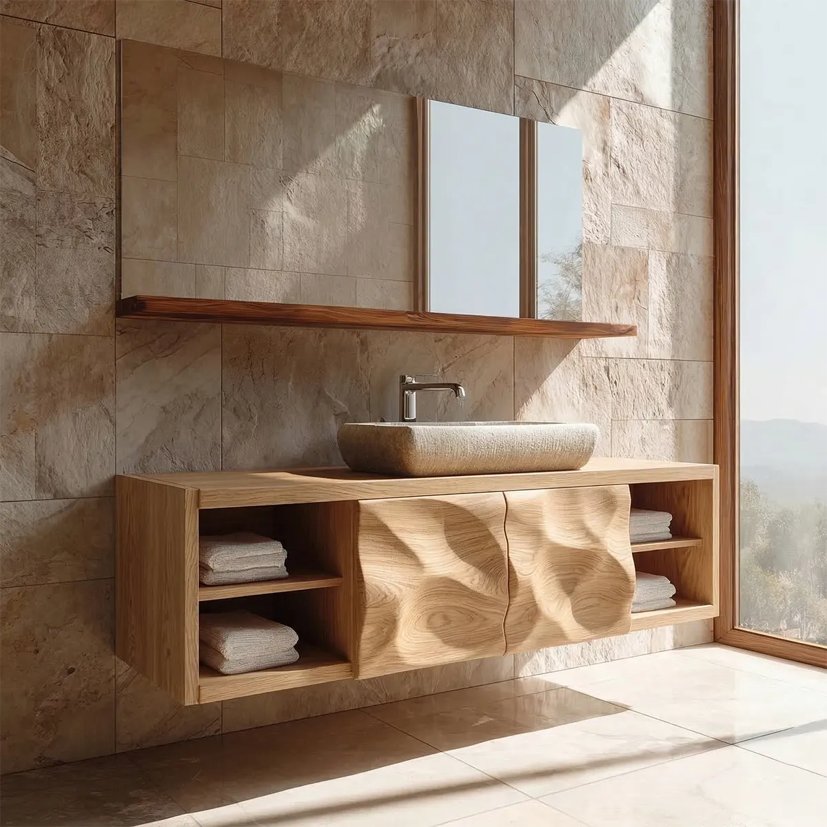 Traditional Natural Solid Wood Bathroom Vanity Cabinet with Hand Carved Doors - Elitegemse