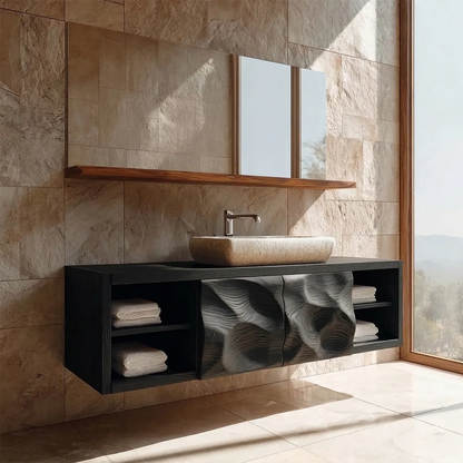 Traditional Natural Solid Wood Bathroom Vanity Cabinet with Hand Carved Doors - Elitegemse