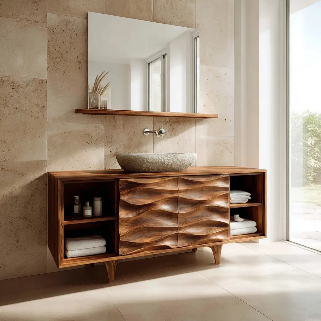 Traditional Solid Wood Bathroom Vanity – Hand Carved Natural Wood Storage Cabinet - Elitegemse
