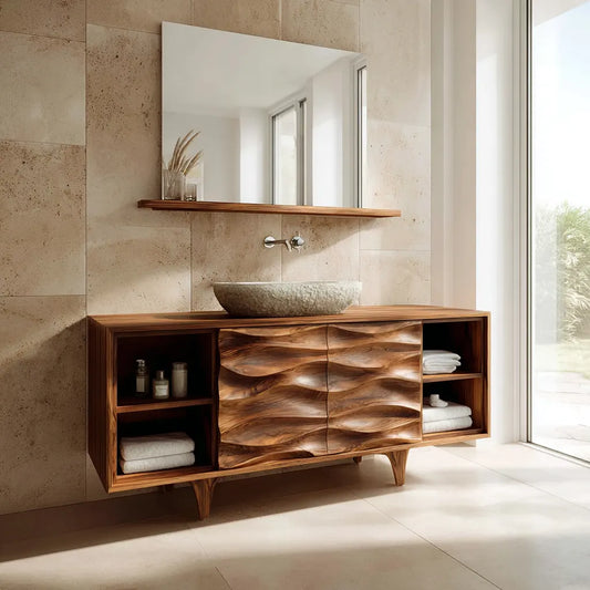 Traditional Solid Wood Bathroom Vanity – Hand Carved Natural Wood Storage Cabinet - Elitegemse