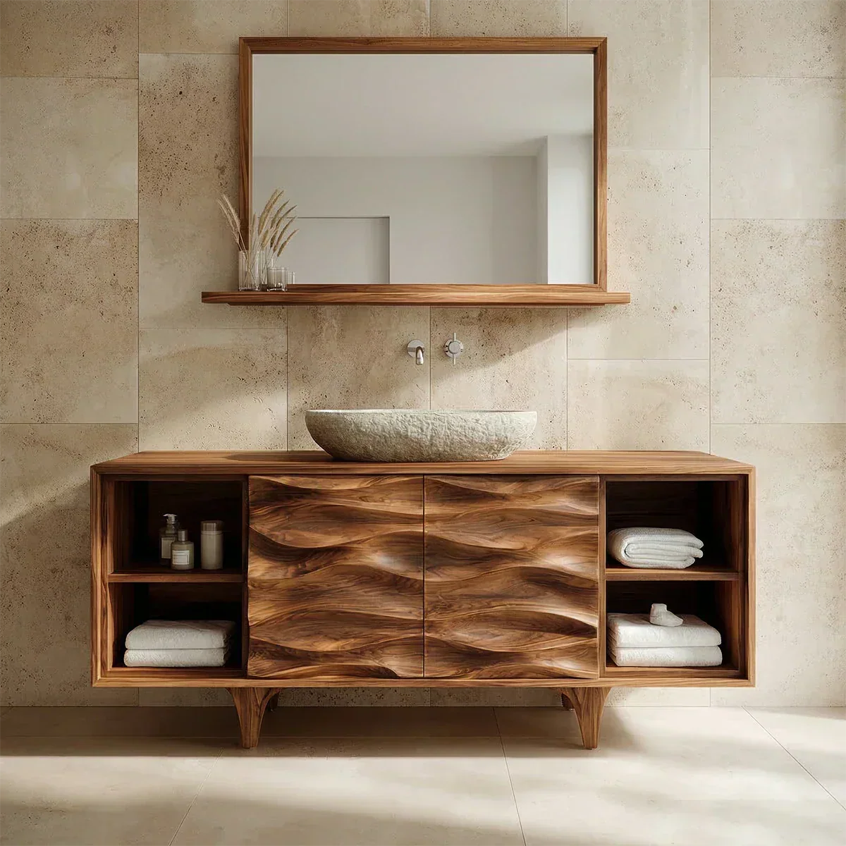 Traditional Solid Wood Bathroom Vanity – Hand Carved Natural Wood Storage Cabinet - Elitegemse