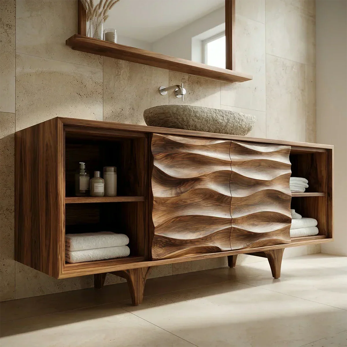 Traditional Solid Wood Bathroom Vanity – Hand Carved Natural Wood Storage Cabinet - Elitegemse