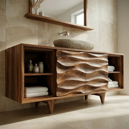 Traditional Solid Wood Bathroom Vanity – Hand Carved Natural Wood Storage Cabinet - Elitegemse