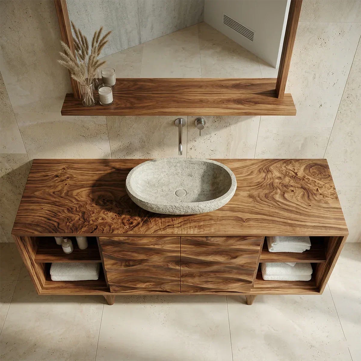 Traditional Solid Wood Bathroom Vanity – Hand Carved Natural Wood Storage Cabinet - Elitegemse