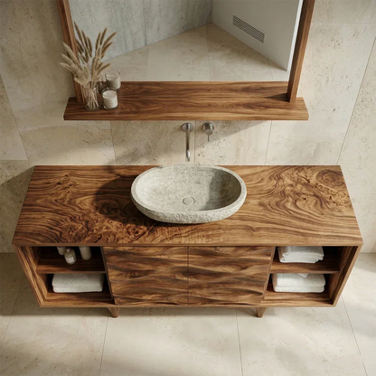 Traditional Solid Wood Bathroom Vanity – Hand Carved Natural Wood Storage Cabinet - Elitegemse