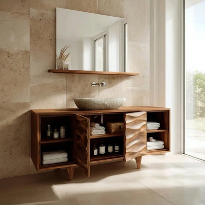 Traditional Solid Wood Bathroom Vanity – Hand Carved Natural Wood Storage Cabinet - Elitegemse
