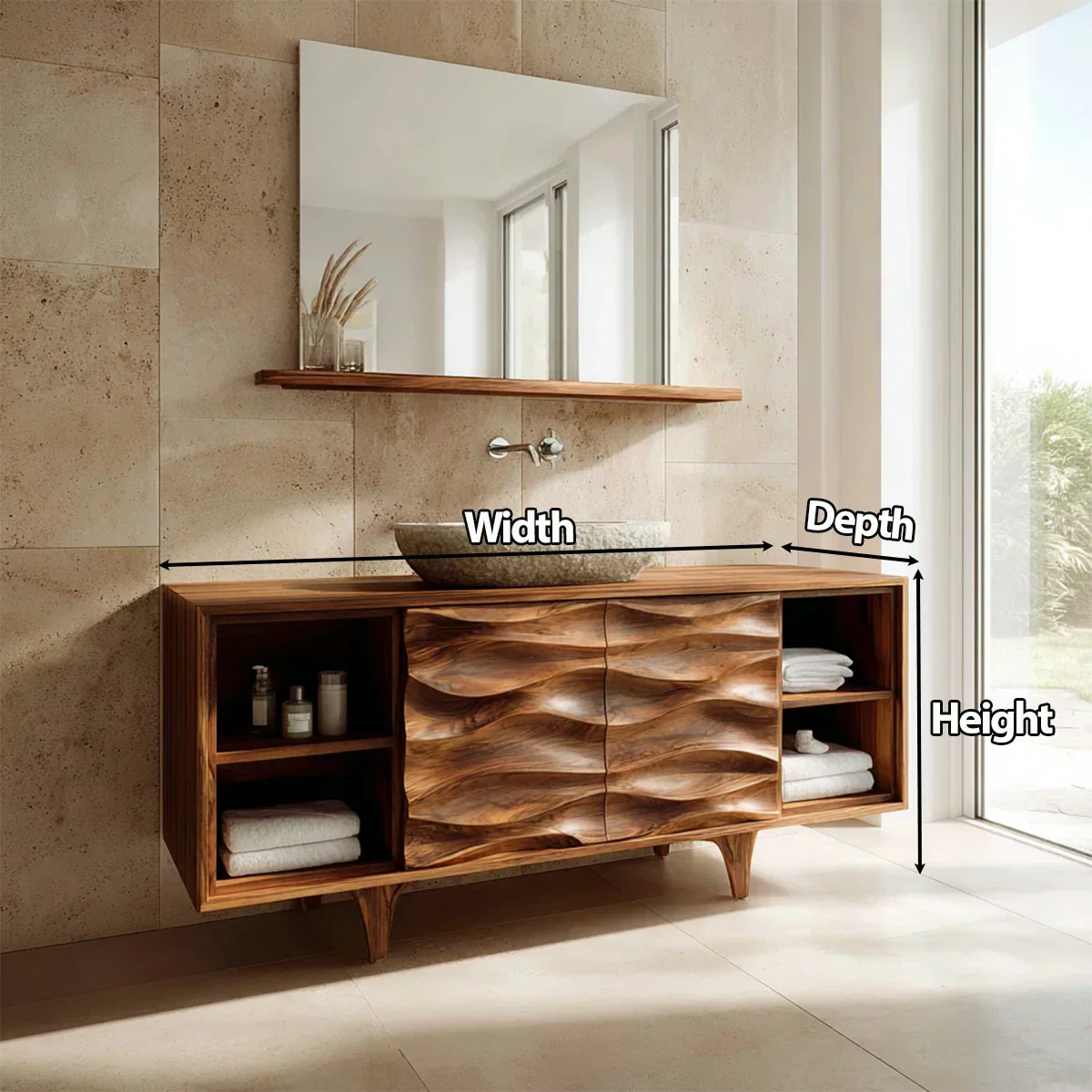 Traditional Solid Wood Bathroom Vanity – Hand Carved Natural Wood Storage Cabinet - Elitegemse
