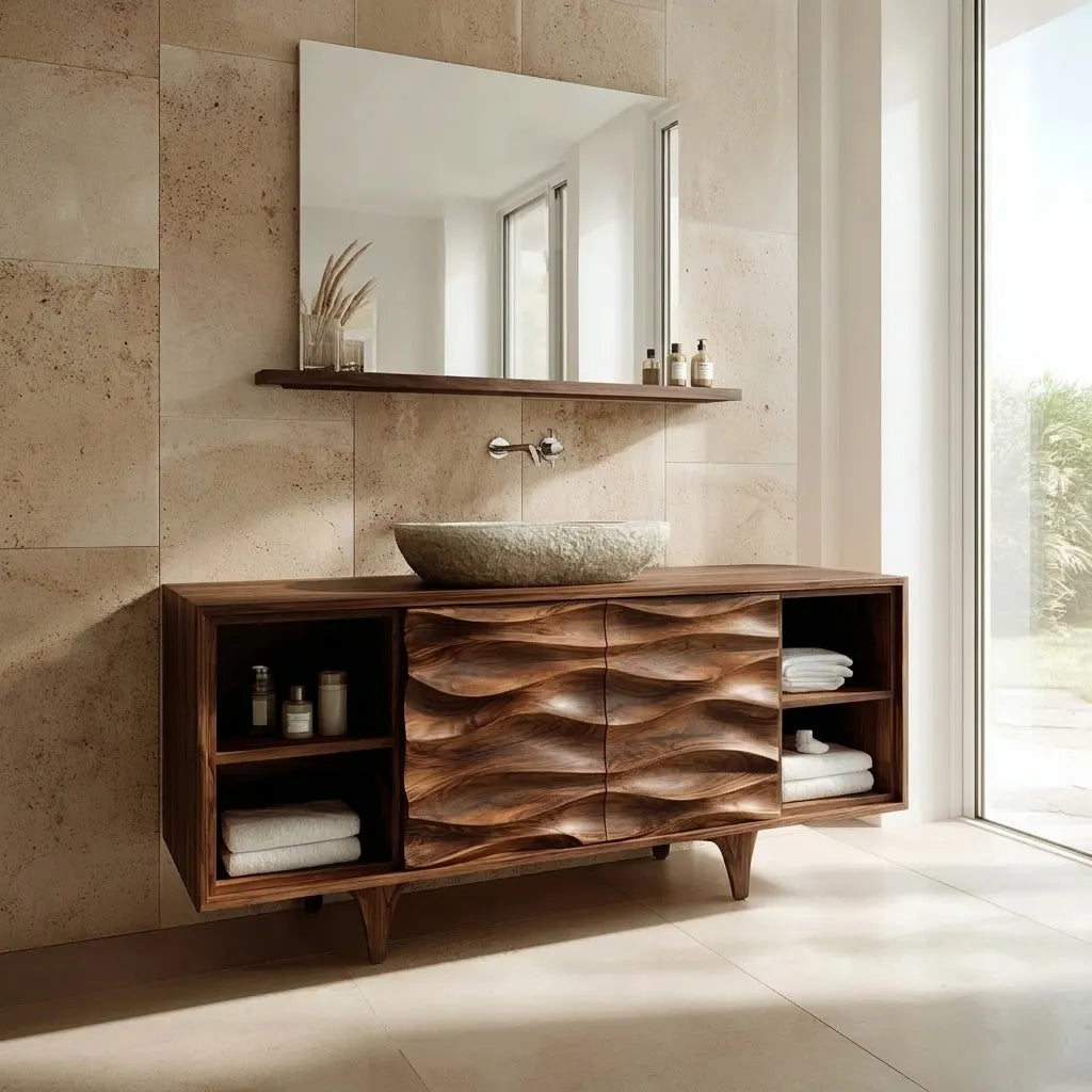Traditional Solid Wood Bathroom Vanity – Hand Carved Natural Wood Storage Cabinet - Elitegemse