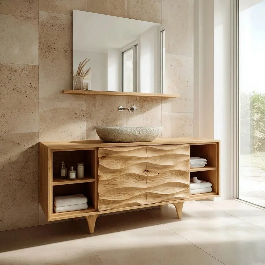 Traditional Solid Wood Bathroom Vanity – Hand Carved Natural Wood Storage Cabinet - Elitegemse