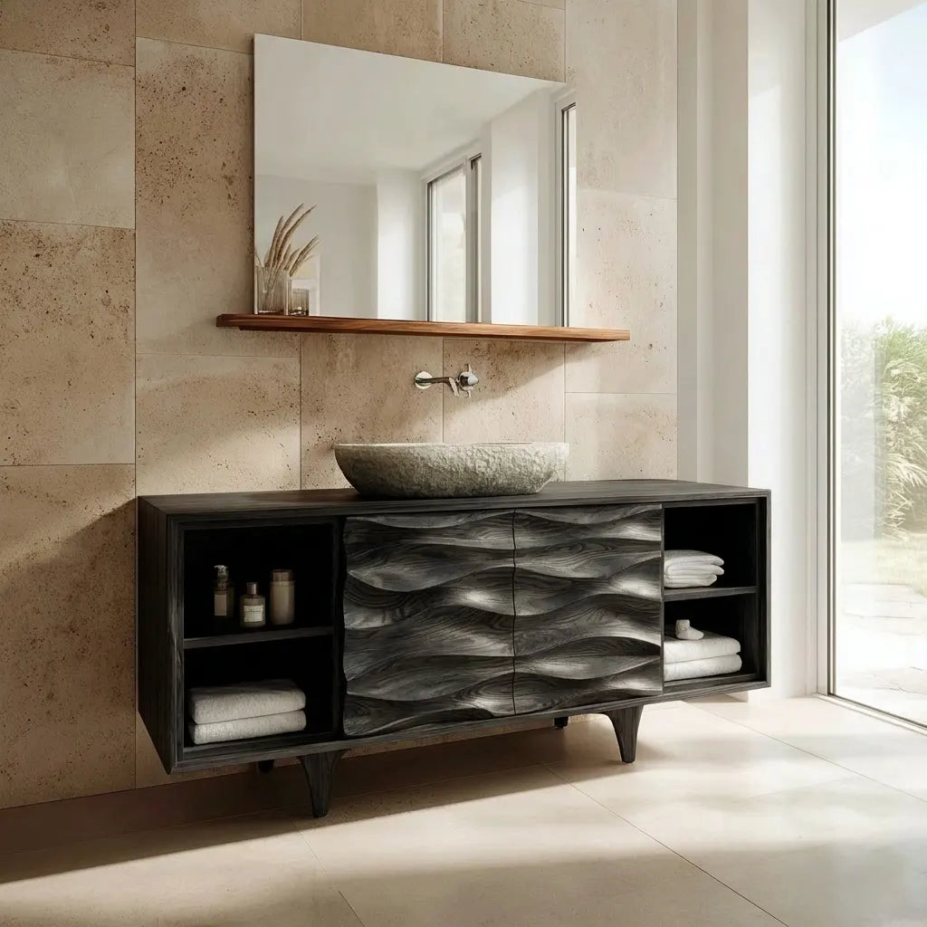 Traditional Solid Wood Bathroom Vanity – Hand Carved Natural Wood Storage Cabinet - Elitegemse