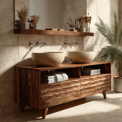Traditional Solid Wood Bathroom Vanity – Hand Carved Natural Wood Storage Cabinet - Elitegemse
