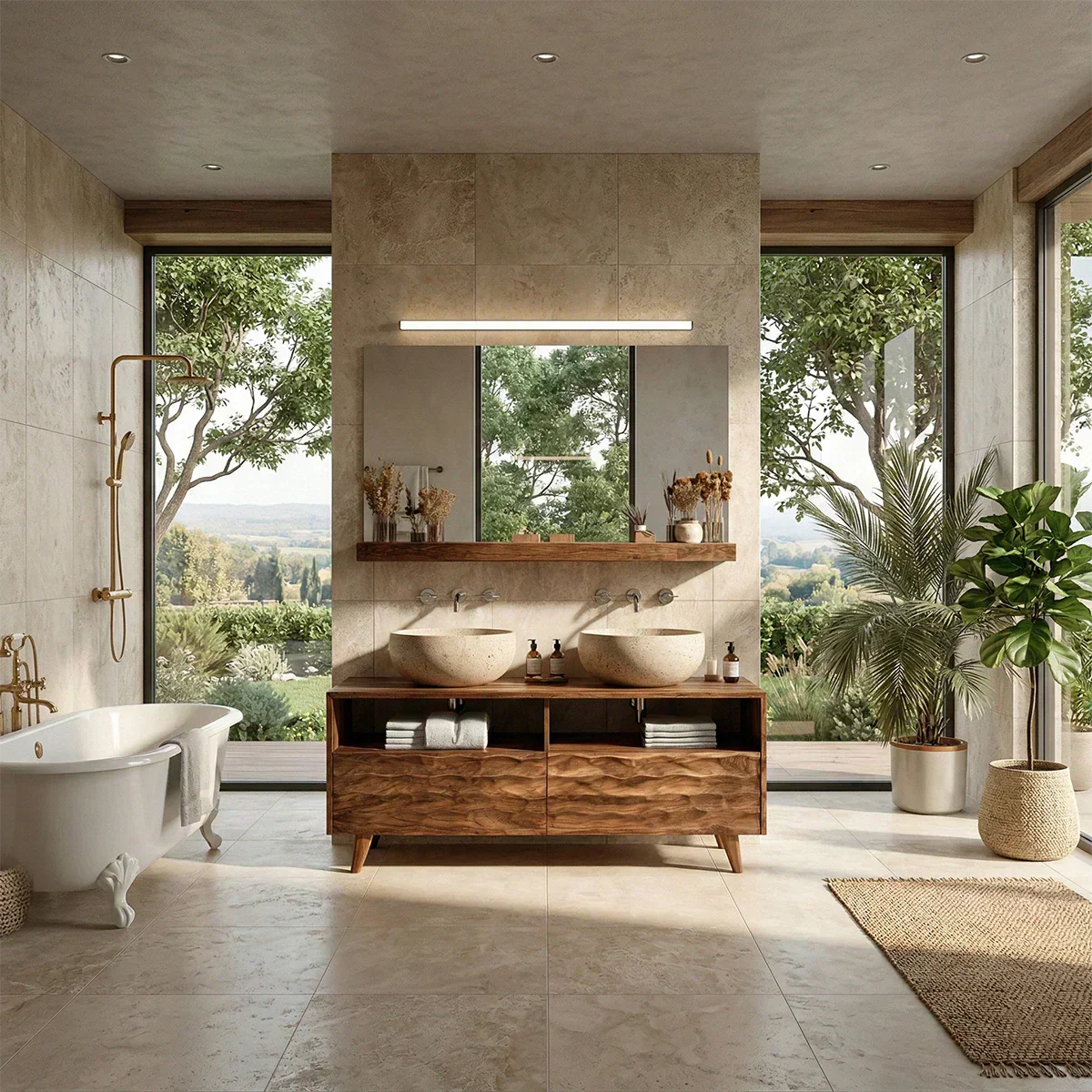 Traditional Solid Wood Bathroom Vanity – Hand Carved Natural Wood Storage Cabinet - Elitegemse